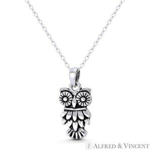 Perched Owl Bird Animal Charm Pendant in Oxidized .925 Sterling Silver